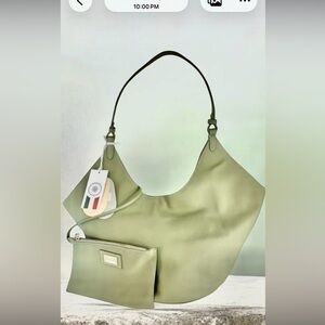 Sage Green Shoulder Hobo Bag with Matching Zip Pouch Made in Italy